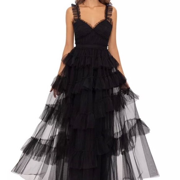 Betsy & Adam Black Tiered Tulle Ruffle Gown